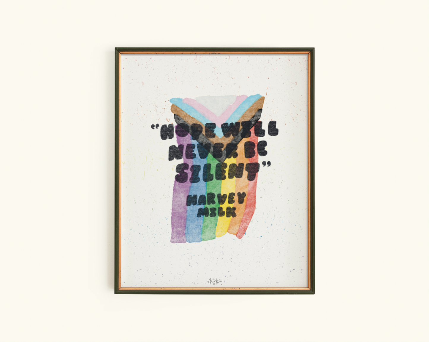 artwork with rainbow equality flag design and text (hope will never be silent) on a white background