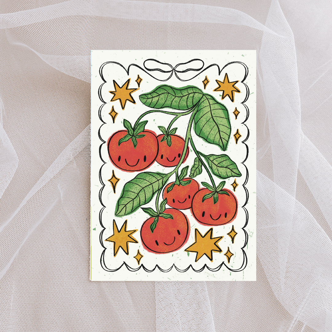 Cartoon tomatoes with leaves and stars on a white background